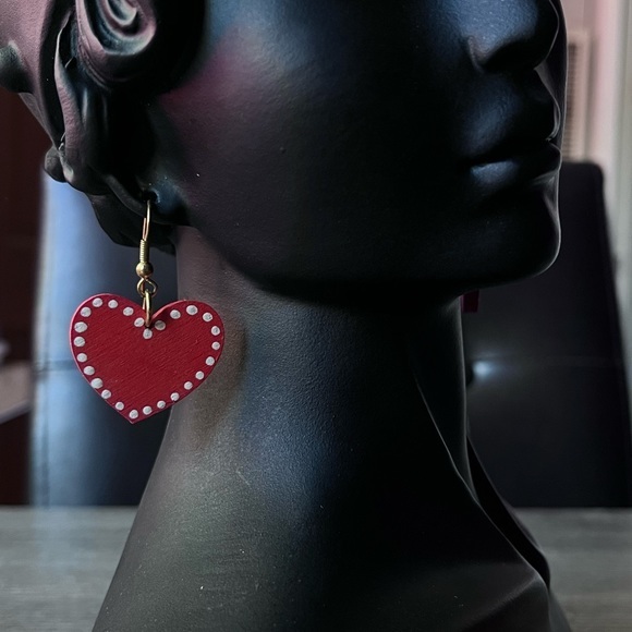 Red Wood Heart Dangle Earrings - Picture 1 of 6